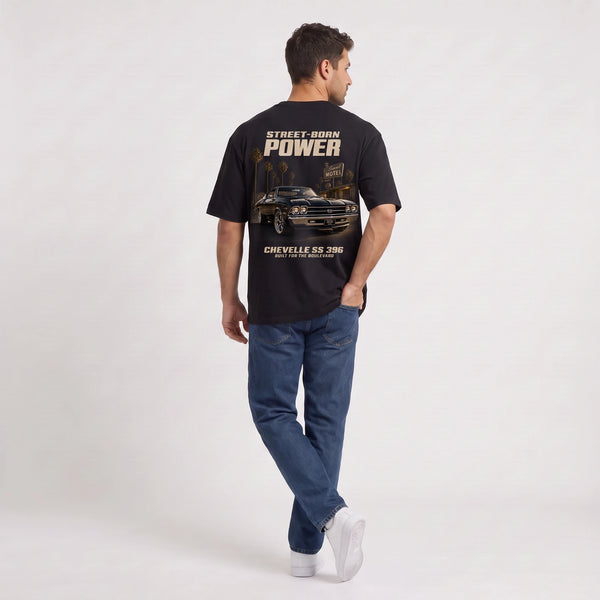 T-shirt Chevrolet Chevelle SS 396 Street-Born Power noir vu de dos