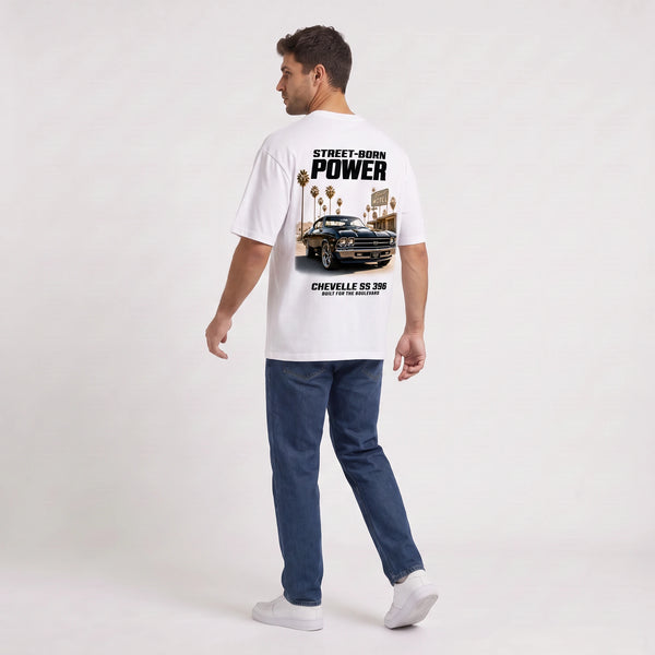 T-shirt Chevrolet Chevelle SS 396 Street-Born Power blanc vu de dos