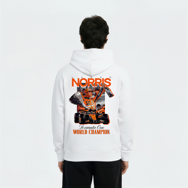 Sweat Lando Norris Champion du Monde 2025 blanc – dos avec visuel trophée et voiture F1