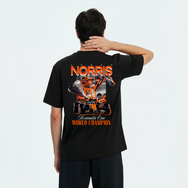 T-shirt Lando Norris Champion du Monde 2025 noir – visuel McLaren et victoire