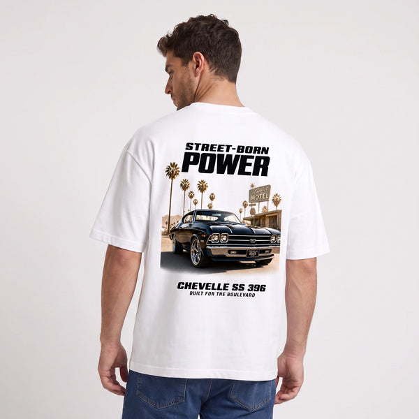T-shirt Chevrolet Chevelle SS 396 Street-Born Power blanc porté de dos
