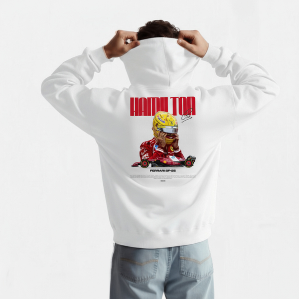 Sweat à capuche Lewis Hamilton Signature blanc – visuel casque jaune et Ferrari SF-25 dans le dos