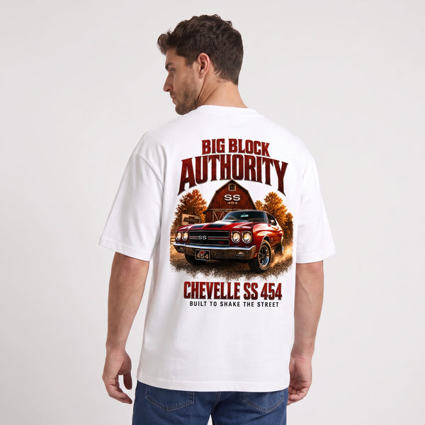 T-shirt Chevrolet Chevelle SS 454 Big Block Authority blanc porté de dos