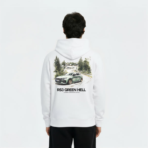 Sweat à capuche Audi RS3 Green Hell blanc vu de dos – visuel Nürburgring et design Tourismo premium