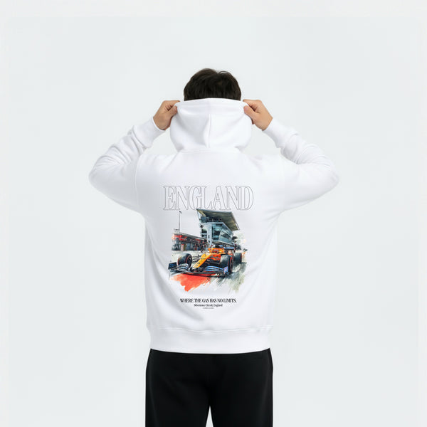 Sweat à capuche F1 Silverstone Circuit d’Angleterre blanc vu de dos – visuel du circuit et monoplace britannique, design Tourismo