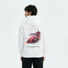 Sweat à capuche F1 Suzuka Circuit du Japon blanc vu de dos – visuel artistique avec temple et cerisiers, design Tourismo