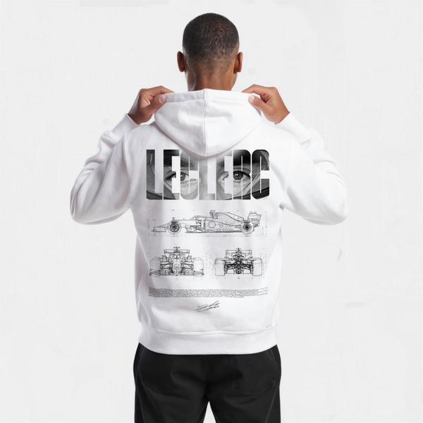 Sweat blanc Charles Leclerc Paddock Élite avec design blueprint Ferrari imprimé dans le dos