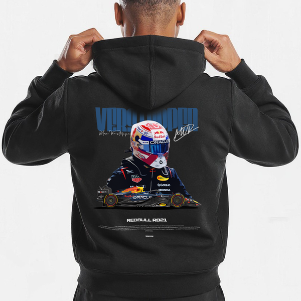 Gros plan du sweat noir Max Verstappen Signature avec design Red Bull Racing et citation au dos