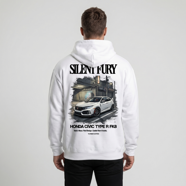 Sweat Honda Civic Type R FK8 Silent Fury blanc, vue dos : design urbain by night, Tourismo Clothing