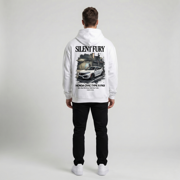 Sweat Honda Civic Type R FK8 Silent Fury blanc, vue complète : hoodie JDM premium, Tourismo Clothing