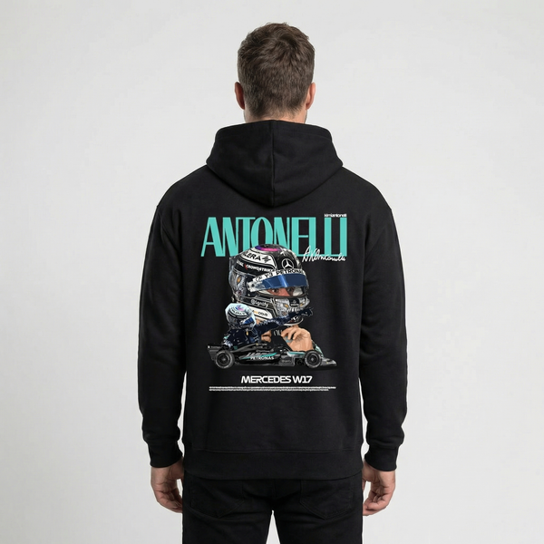 Sweat Kimi Antonelli F1 noir, vue face : hoodie premium culture automobile