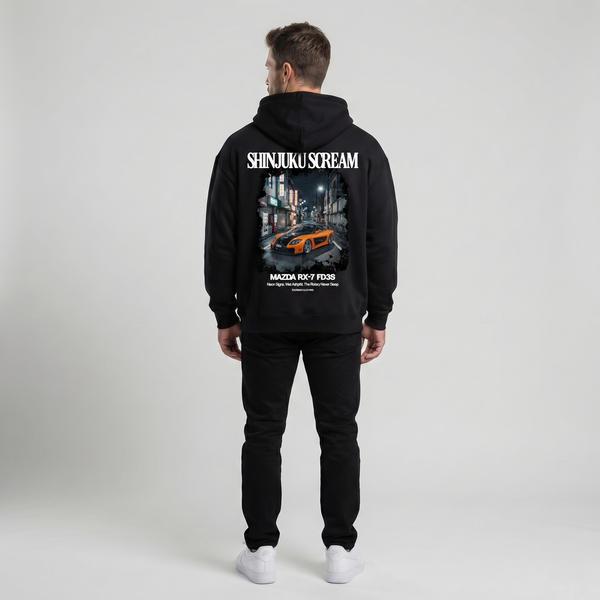 Sweat Mazda RX-7 FD3S Shinjuku Scream noir, vue complète : hoodie JDM premium, Tourismo Clothing