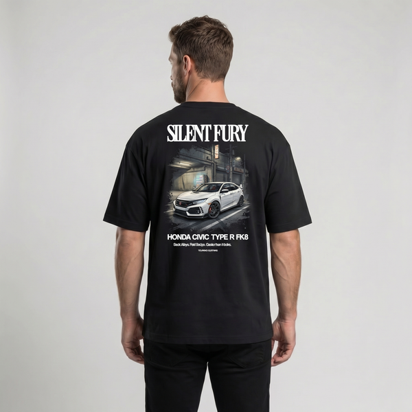 T-shirt Honda Civic Type R FK8 Silent Fury noir, vue dos : flocage streetwear automobile premium, Tourismo Clothing