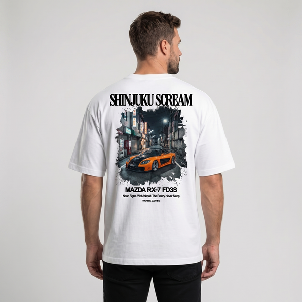 T-shirt Mazda RX-7 FD3S Shinjuku Scream blanc, vue dos : design Shinjuku by night, Tourismo Clothing