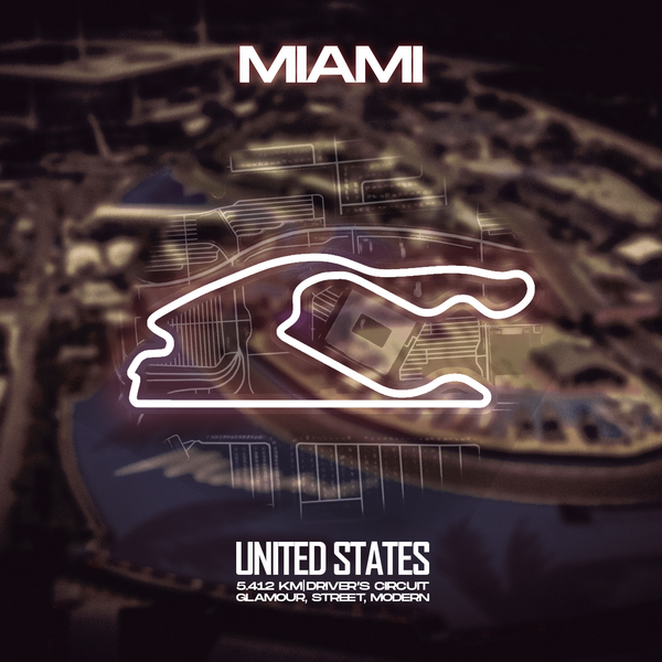 Toile canvas circuit F1 Miami, tracé officiel en blanc lumineux, hommage au Grand Prix de Miami avec design racing et ambiance floridienne