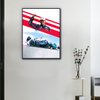 Toile F1 Max Verstappen Le Drift de Monza accrochée dans un salon moderne avec cadre noir