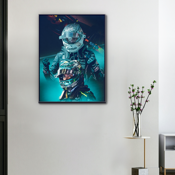 Toile murale F1 Max Verstappen Héritage en Vitesse accrochée dans un salon moderne avec cadre noir