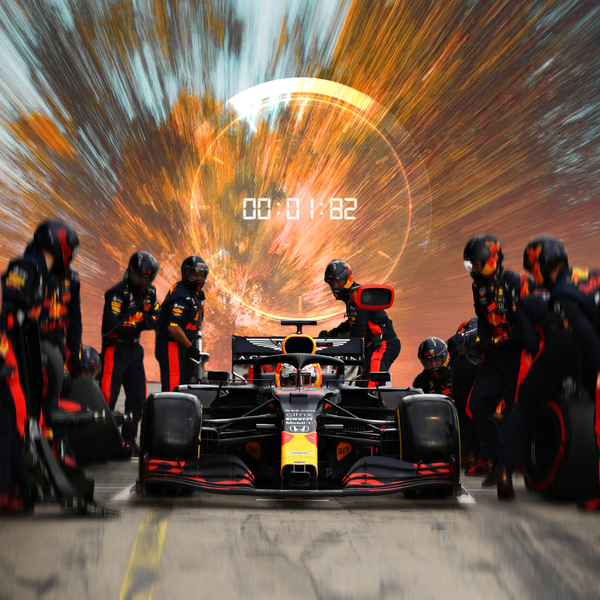 Illustration artistique Red Bull pit stop avec Max Verstappen et son équipe en pleine action