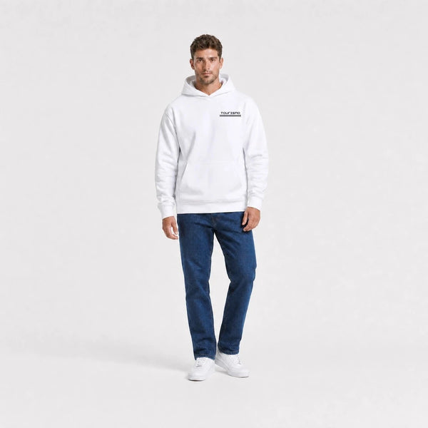 Sweat Alpine A110 blanc vu de face en plan large avec logo Tourismo