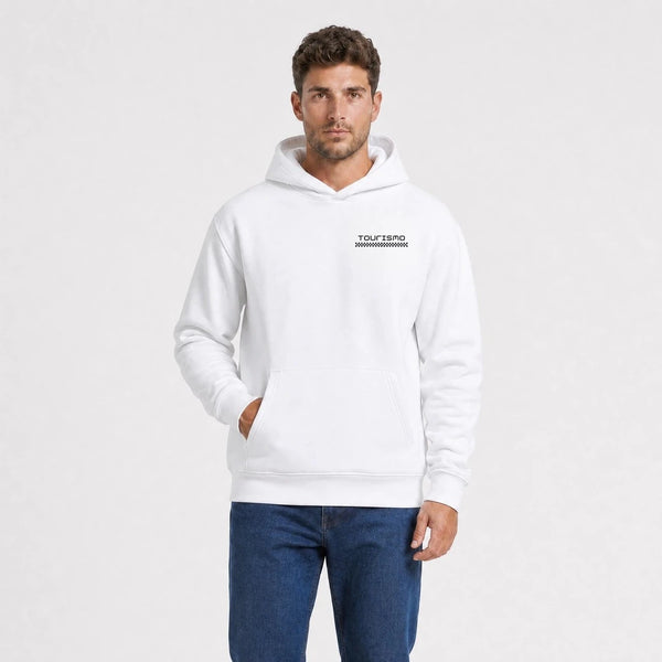 Sweat Datsun 510 blanc vu de face en plan rapproché avec logo Tourismo