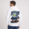 Sweat F1 Daniel Ricciardo Signature blanc à capuche avec pilote et monoplace vus de dos