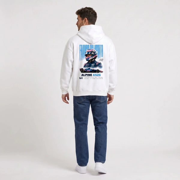 Sweat F1 Franco Colapinto blanc porté de dos en plan large avec print Signature