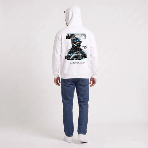 Sweat F1 George Russell Signature blanc porté de dos en plan large