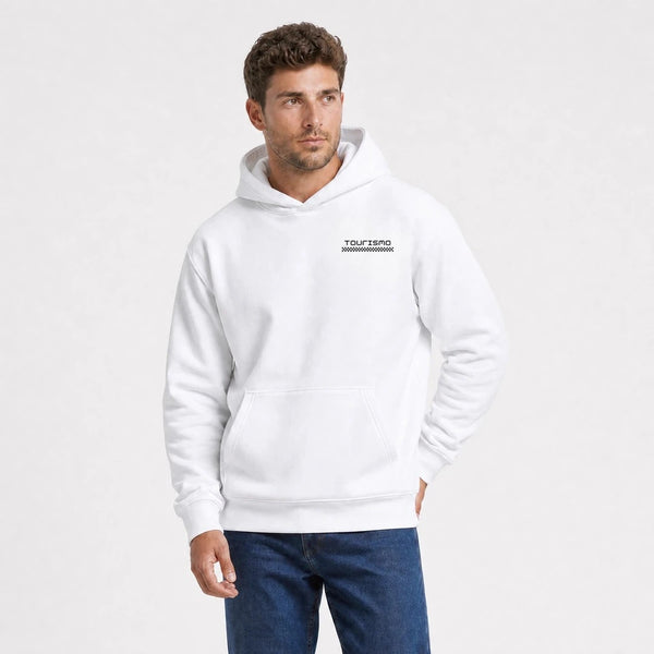 Sweat F1 George Russell Signature blanc vu de face en plan rapproché avec logo Tourismo