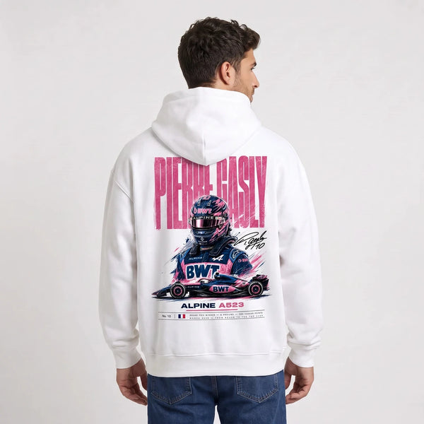 Sweat F1 Pierre Gasly blanc à capuche vu de dos avec design Signature Alpine A523