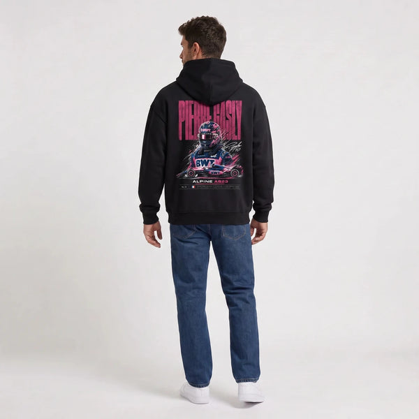 Sweat F1 Pierre Gasly noir porté de dos en plan large avec grand print Signature