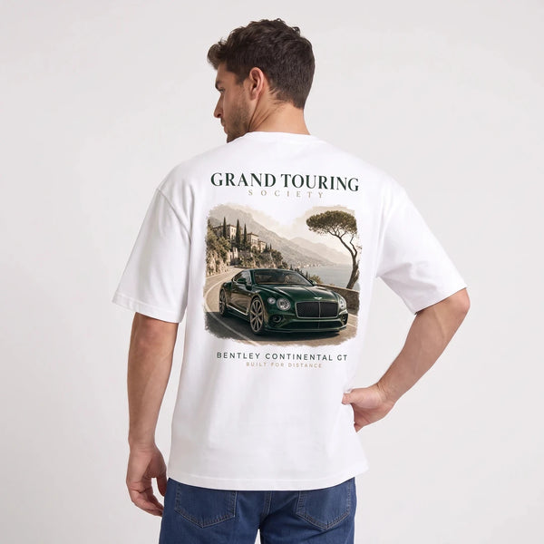 T-shirt Bentley Continental GT Grand Touring Society blanc, visuel automobile vu de dos