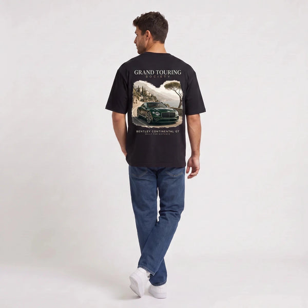 T-shirt Bentley Continental GT Grand Touring Society noir porté de dos en plan large