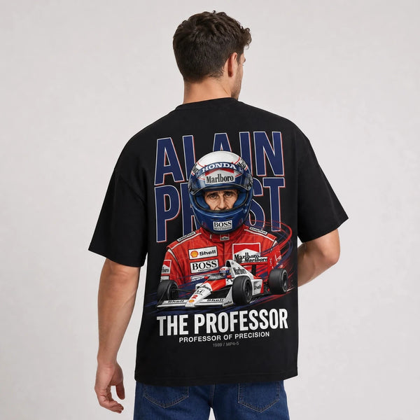 T-shirt F1 Alain Prost Légende noir avec pilote et monoplace vus de dos