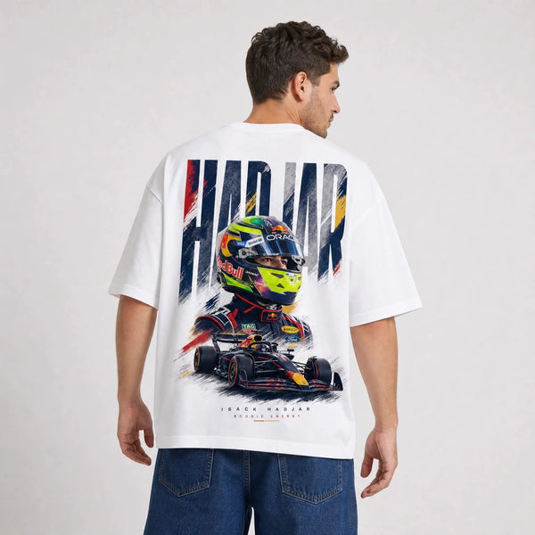 T-shirt F1 Isack Hadjar Signature blanc avec pilote et monoplace vus de dos