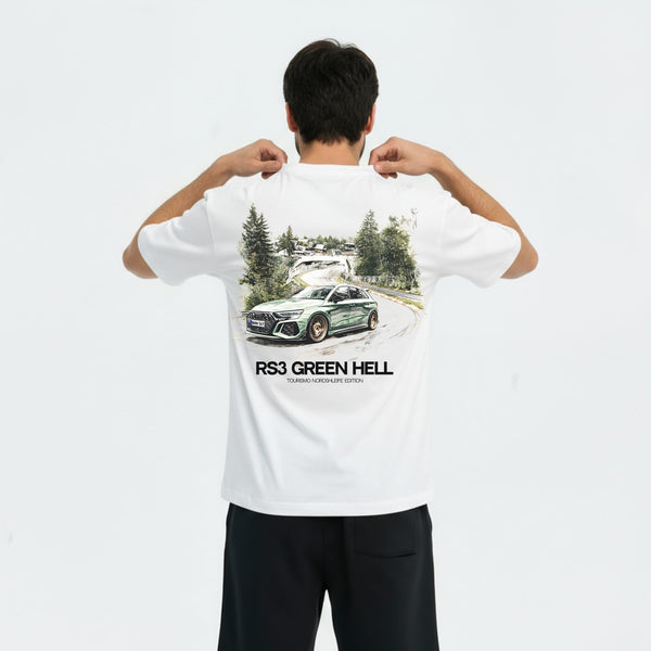 T-shirt Audi RS3 Green Hell – modèle ajustant le col, logo Tourismo avant, coupe regular fit premium