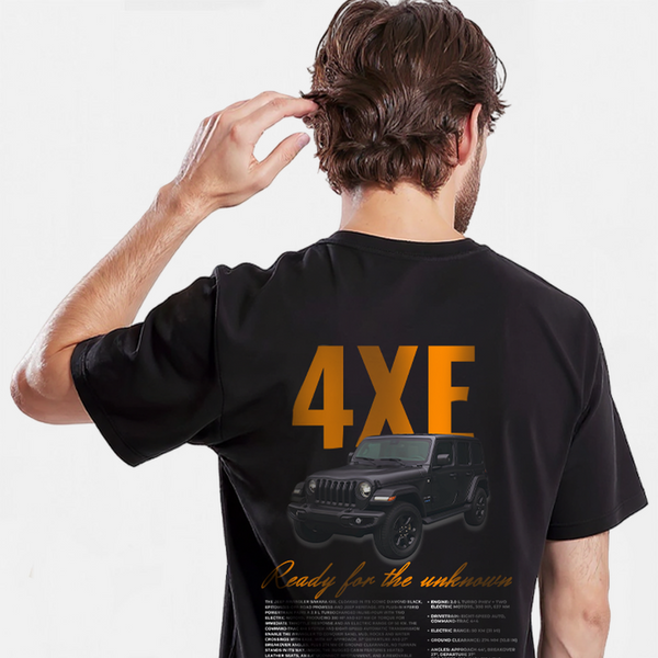 T-shirt noir Jeep Wrangler 4XE avec design SUV 4x4 orange, vue de dos