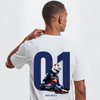 T-shirt blanc Max Verstappen, gros plan sur le visuel Red Bull et numéro 01 oversize