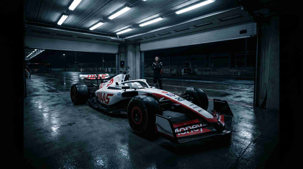Haas F1 blanche et rouge sous la pluie dans le pit lane nocturne,  mécanicien bras croisés en arrière-plan, sol mouillé réfléchissant la voiture,  ambiance tension et incertitude, article Ocon Haas 2026 verdict Ralf Schumacher