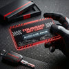 Carte cadeau digitale noire et rouge TOURISMO avec code d’accès et QR code sur fond carbone