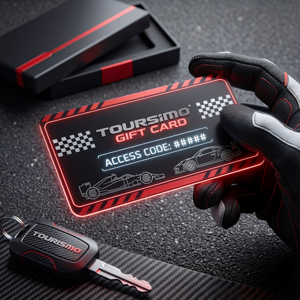 Carte cadeau digitale noire et rouge TOURISMO avec code d’accès et QR code sur fond carbone