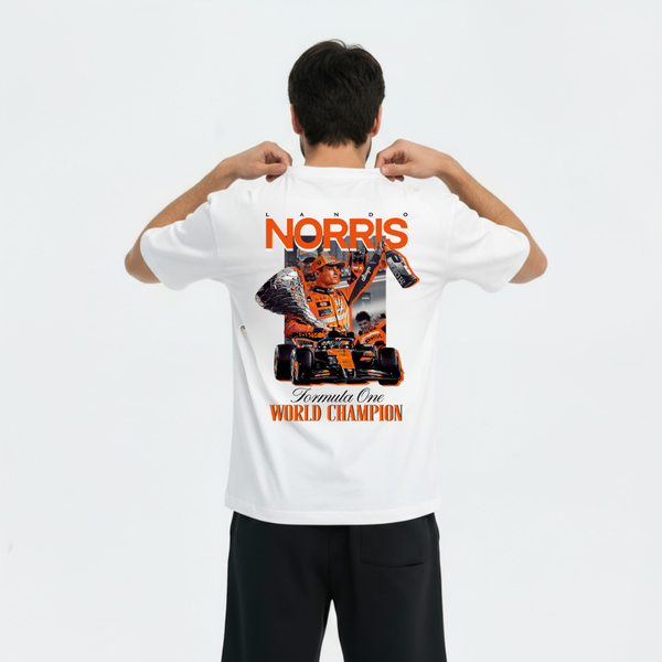 T-shirt Lando Norris Champion du Monde 2025 blanc – dos avec trophée F1