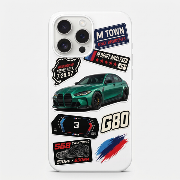 Coque iPhone blanche Tourismo Clothing au design BMW M3 G80 sticker pack 