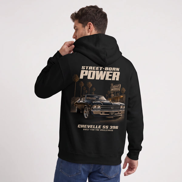 Sweat Chevrolet Chevelle SS 396 Street-Born Power noir porté de dos