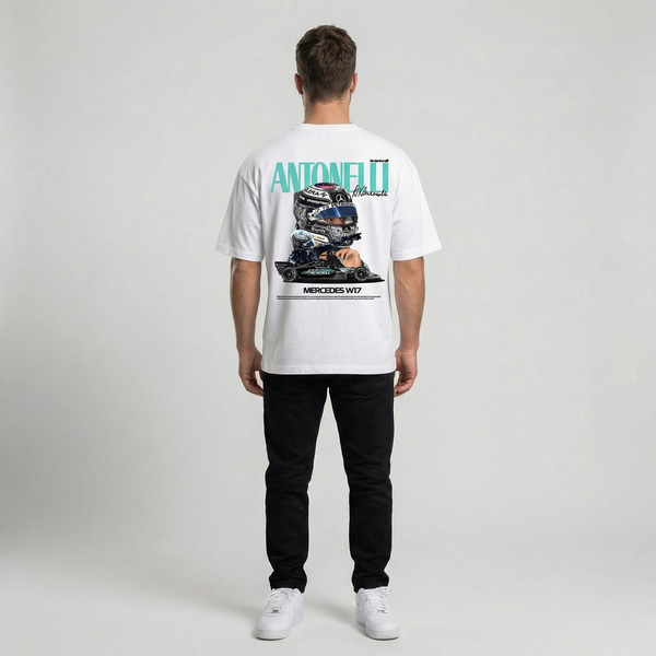 T-shirt Kimi Antonelli F1 blanc, vue face : tee streetwear automobile premium
