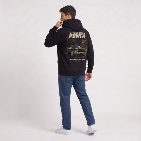 Sweat Chevrolet Chevelle SS 396 Street-Born Power noir à capuche vu de dos
