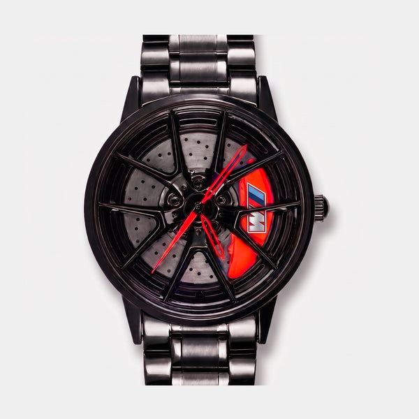 BMW M3 watch front view, 3D spinning wheel dial