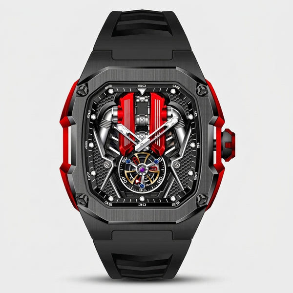 moteur V12 watch front view, twelve cylinder engine block dial