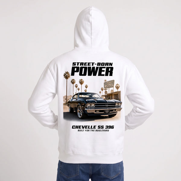 Sweat Chevrolet Chevelle SS 396 Street-Born Power blanc porté de dos