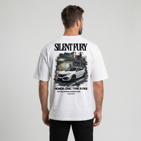 T-shirt Honda Civic Type R FK8 Silent Fury blanc, vue dos : design urbain by night, Tourismo Clothing