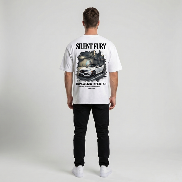 T-shirt Honda Civic Type R FK8 Silent Fury blanc, vue complète : tee oversize vêtement JDM, Tourismo Clothing